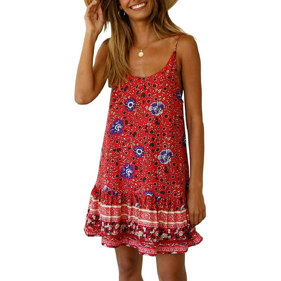 SHIBEVER Women Dress Summer Casual Sleeveless Floral Dress for Women Sexy Boho Sun Beach Swing Mini Dresses Red