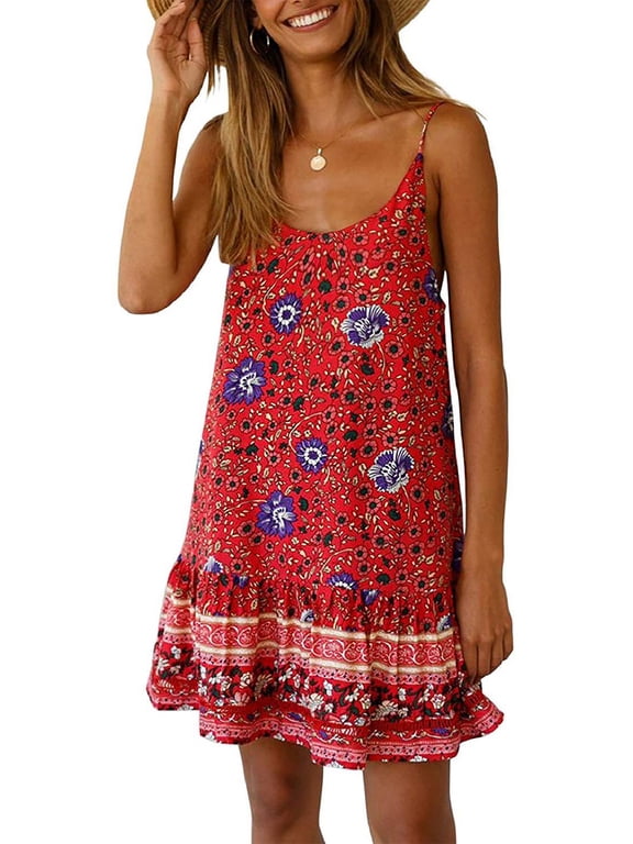 Women Dress Summer Casual Sleeveless Floral Dress for Women Sexy Boho Sun Beach Swing Mini Dresses Red