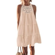 SHIBEVER Womens Dresses Summer Casual Hollow Out Halter Dresses Sleeveless A-Line Tiered Swing Sundress Beach Vacation Mini Dress for Womens Clothes Lace Crochet Babydoll Dresses