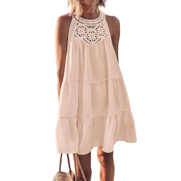 SHIBEVER Womens Dresses Summer Casual Hollow Out Halter Dresses Sleeveless A-Line Tiered Swing Sundress Beach Vacation Mini Dress for Womens Clothes Lace Crochet Babydoll Dresses