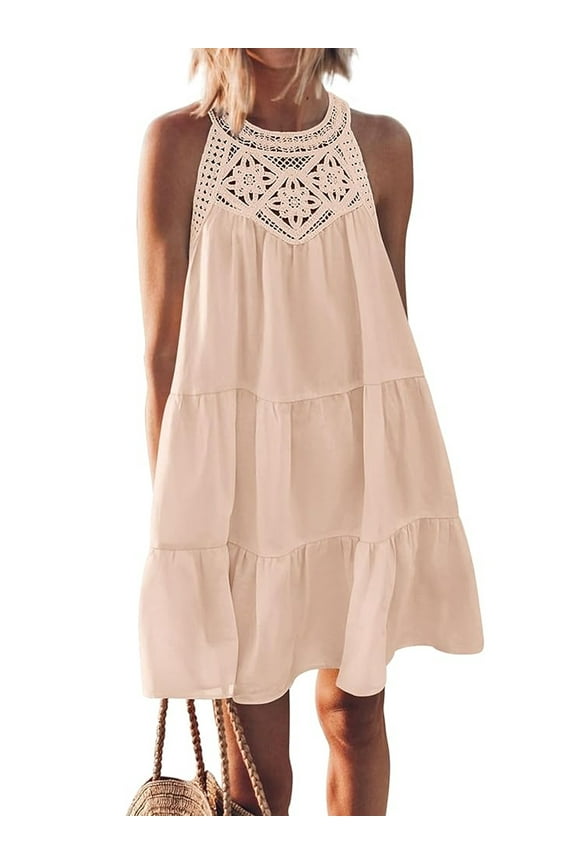Womens Dresses Summer Casual Hollow Out Halter Dresses Sleeveless A-Line Tiered Swing Sundress Beach Vacation Mini Dress for Womens Clothes Lace Crochet Babydoll Dresses