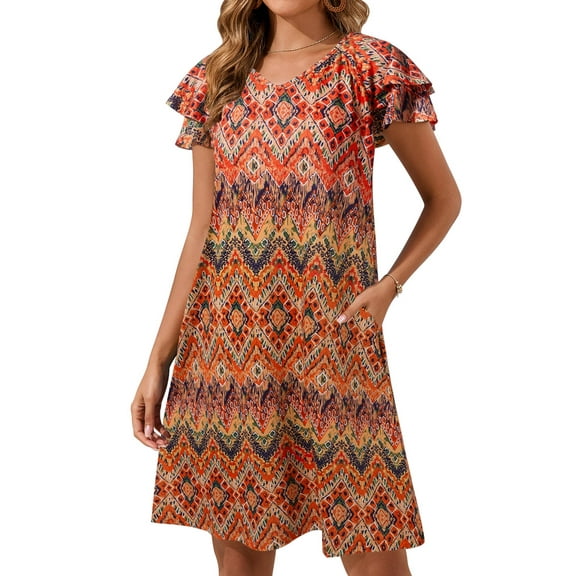 SHIBEVER Womens Dresses Summer Midi Short Sleeve Dresses for Women Boho Floral Mini Casual Side Pocket Women Dress V Neck Comfy Bohemian Flowy Dress L