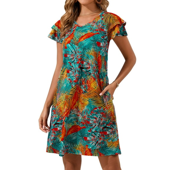 SHIBEVER Womens Dresses Summer Midi Short Sleeve Dresses for Women Floral Bohemian Maxi Casual V Neck Beach Dresses Flower Maxi Comfort Soft Dresses L