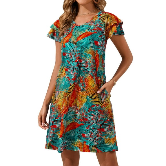 SHIBEVER Womens Dresses Summer Midi Short Sleeve Dresses for Women Floral Bohemian Maxi Casual V Neck Beach Dresses Flower Maxi Comfort Soft Dresses L