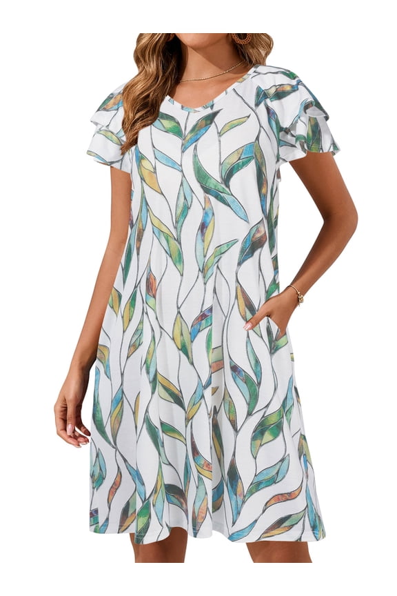 Womens Dresses Summer Midi Short Sleeve Dresses for Women Floral Leaf Casual V Neck Mini Dress with Pocket Comfy Flowy Dressy Maxi Dresses S