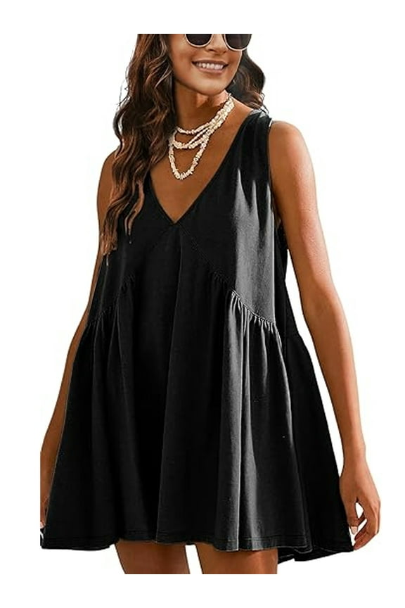 Womens Dresses Summer Sleeveless Loose Tunic with Pocket Casual Swing Dress Fashion Sundress for Womens Clothes V Neck Mini Dress