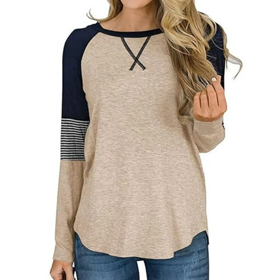 SHIBEVER Womens Fall Tops Long Sleeve Tunic Tops Loose Striped Print T Shirt Clothing Crew Neck Shirt Khaki Pullover Tops Size L