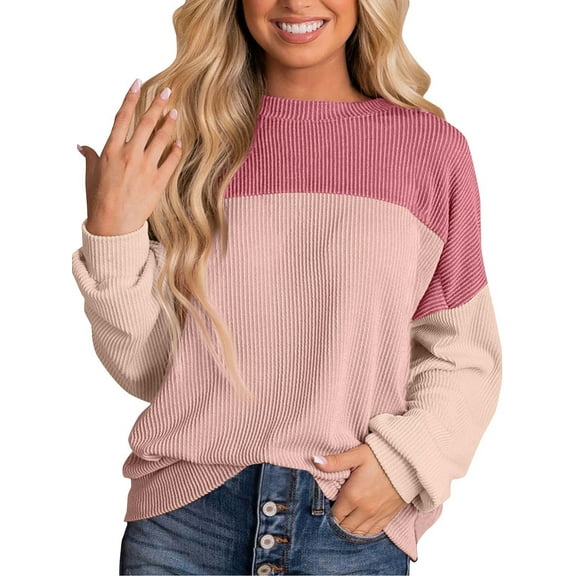 SHIBEVER Long Sleeve Tops for Women Sweatshirts Crewneck Fashion Color Block Shirts Knitted Ribbed Blouses Casual Pullover Fall Clothing Tunics Tops Size XL