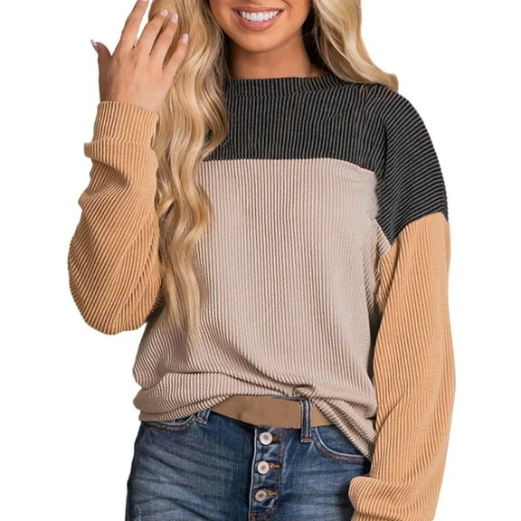SHIBEVER Womens Long Sleeve Tops Crewneck Shirts Casual Knitted Ribbed Pullover Sweatshirts for Women Fashion Color Block Tops Fall Clothes Blouses Tunics Tops Size XL
