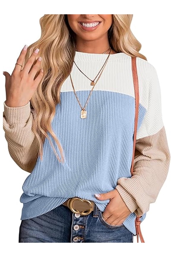 Women Long Sleeve Tops Color Block Round Neck Shirts Casual Knitted Ribbed Sweatshirts Pullover for Women Fall Clothing Tunics Tops Blouses Size XL