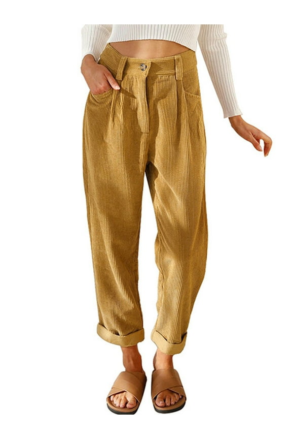 Womens High Waisted Pants Work Corduroy Pants Fall Streetwear Straight Leg Trousers Loose Fit Slacks with Pockets Khaki