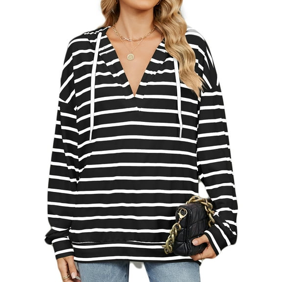 SHIBEVER Womens Hoodies Long Sleeve Tops Striped Color Block V Neck Shirts Hooded Sweatshirts for Women Pullover Tops Loose Fall Clothing Lightweight Casual Tunic Tops