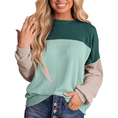 Womens Long Sleeve Tops Color Block Crewneck Knitted Ribbed Casual Loose Pullover Shirts Fall Tops Sweatshirts Tunics Blouses Fashion Workout T-Shirts Size XL