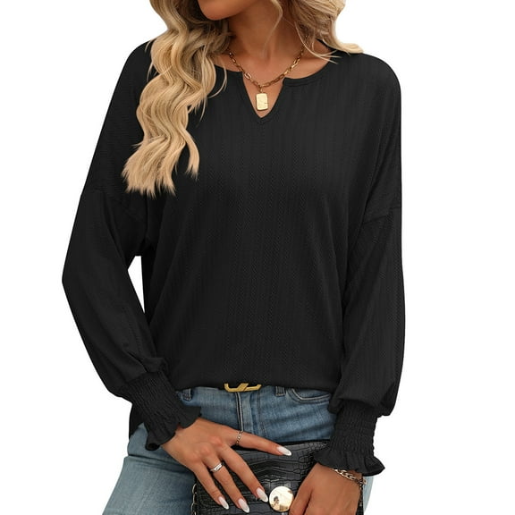 SHIBEVER Womens Long Sleeve Tops V Neck Dressy Blouses Loose Shirts solid color Casual Bat Sleeve fall clothes for women black