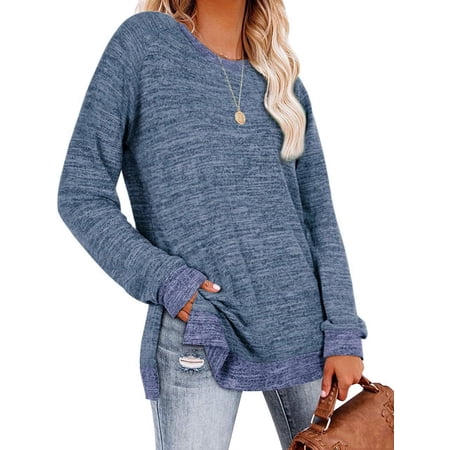 SHIBEVER Womens Long Sleeve tops fall sweatershirts Fall Fashion Loose Tunic Tops Trendy Side Split Pullover Color Block Crewneck Sweatshirts Blouse Blue