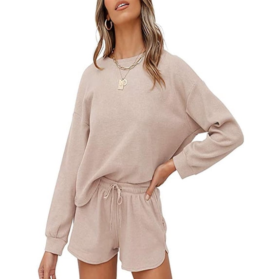 SHIBEVER Womens Loungewear Sweatsuit set Long Sleeve Top and Shorts Matching Lounge Waffle Knit Pajama Sets with Pockets almond XXL