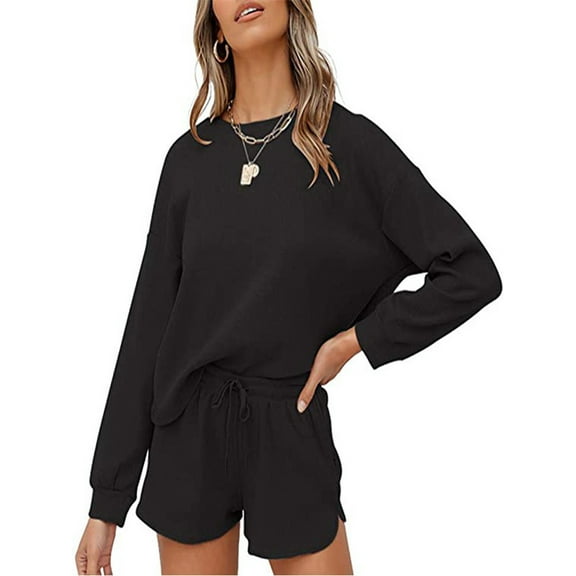 SHIBEVER Womens Loungewear Sweatsuit set Long Sleeve Top and Shorts Matching Lounge Waffle Knit Pajama Sets with Pockets black XL
