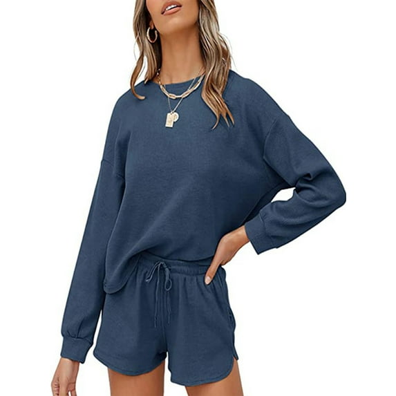 SHIBEVER Womens Loungewear Sweatsuit set Long Sleeve Top and Shorts Matching Lounge Waffle Knit Pajama Sets with Pockets navy blue XL