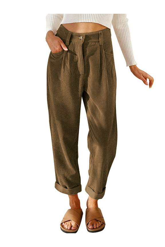 Womens Pants High Waisted Work Corduroy Pants Fall Streetwear Straight Leg Trousers Loose Fit Slacks with Pockets Brown