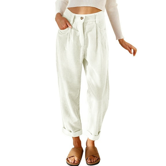 SHIBEVER Womens Pants High Waisted Work Corduroy Pants Fall Streetwear Straight Leg Trousers Loose Fit Slacks with Pockets White