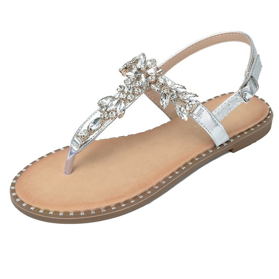 SHIBEVER Womens Sandals Rhinestone Gladiator Flat Jeweled Sandals Thong Outdoor Shoes for Women Sparkling Wedding Dressy Sandals