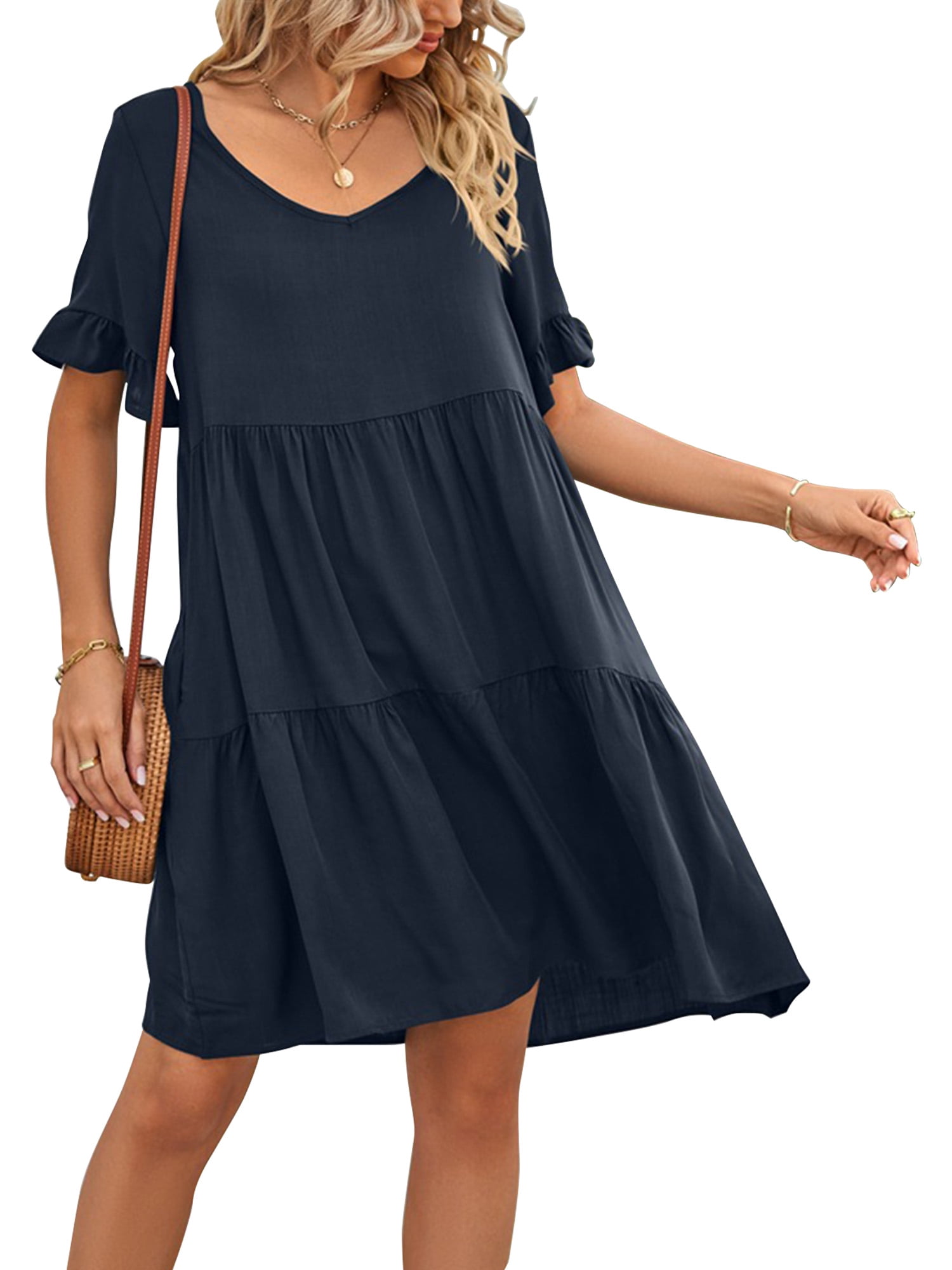 SHIBEVER Womens Summer Dresses Casual Short Sleeve Babydoll Dress V ...