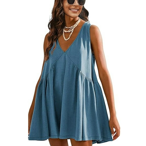 SHIBEVER Womens Summer Dresses Casual Sleeveless Loose Trendy Mini Dresses V Neck with Pocket Vacation Holiday Beach Dress for Womens Clothes Swing Dresses
