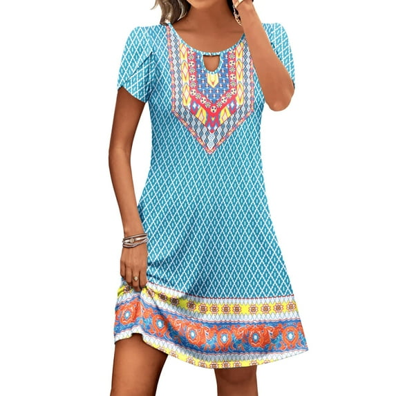 SHIBEVER Womens Summer Dresses Summer Beach Floral T Shirt Dresses Casual Petal Short Sleeve A-Line Boho Midi Dresses with Pocket