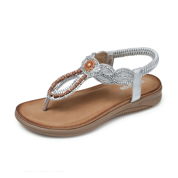 SHIBEVER Womens Summer Flats Sandals Casual Bohemia Beach Shoes Dress Ankle Elastic Strap Sandals Silver 7