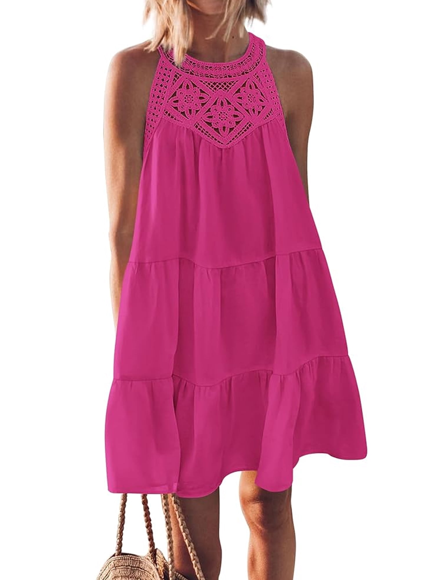 SHIBEVER Womens Summer Hollow Out Halter Dresses Casual Sleeveless A ...
