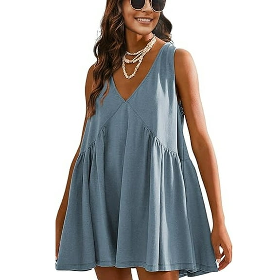 SHIBEVER Womens Summer Sleeveless Mini Dress Casual Loose V Neck Sundress with Pockets Dresses for Womens Clothes Tunic Casual Swing Dress