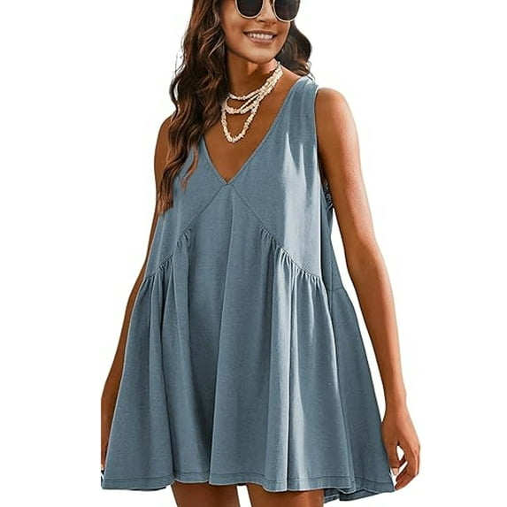 SHIBEVER Womens Summer Sleeveless Mini Dress Casual Loose V Neck Sundress with Pockets Dresses for Womens Clothes Tunic Casual Swing Dress