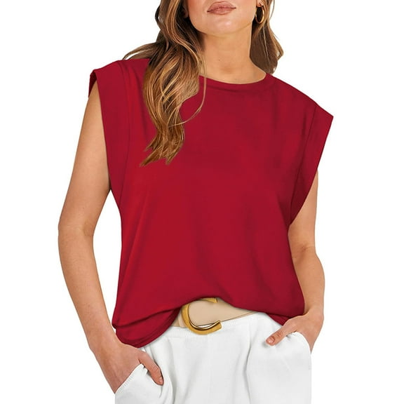 SHIBEVER Womens Summer Tops Casual Loose Fit Cap Sleeve Tshirts Basic Crew Neck Shirts Trendy Plain Color Red Tops for Womens Clothes Tee