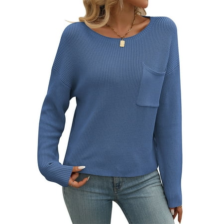 SHIBEVER Womens Sweater tops long sleeve fall clothes crew neck Tunic shirts Casual Lightweight Knit Pullover with pocket blue