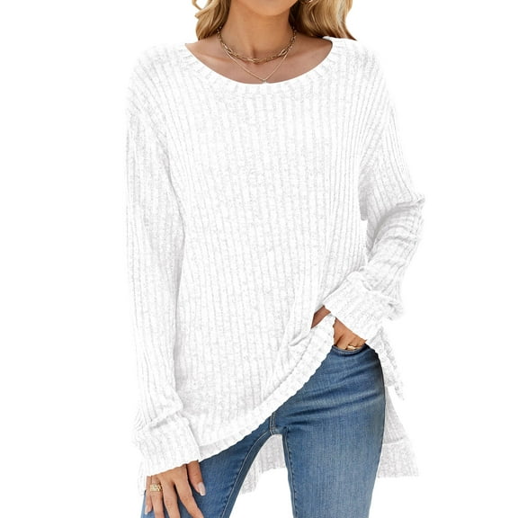 SHIBEVER Womens Sweaters Tops White Fall Fashion Long Sleeve Tunic Lightweight Sweaters for Women Tops Dressy Casual White Pullover Blouse Size XXL