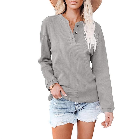 SHIBEVER Womens Sweatshirt Long Sleeve Tops 2024 fall solid color button Down Ribbed Knit Casual V Neck Shirts Blouse gray M