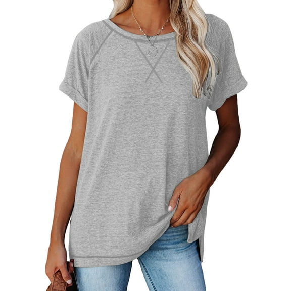 SHIBEVER Womens T-Shirts Summer Short Sleeve Tops Trendy Loose Tunic Tops Ladies Tee Shirts Cute Crewneck Tops Blouses Grey M