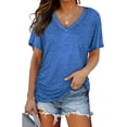 thumbnail image 1 of SHIBEVER Womens T Shirts V Neck Short Sleeve Casual Loose Tees Tops for Women Clothes Side Shirring Basics Tshirts Pleated Tunics Solid Color Blue Size M, 1 of 9