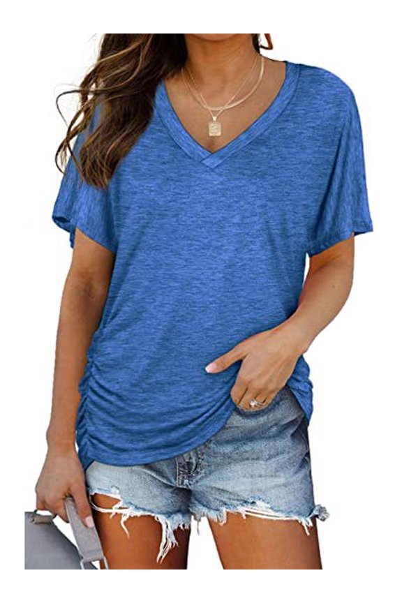 Womens T Shirts V Neck Short Sleeve Casual Loose Tees Tops for Women Clothes Side Shirring Basics Tshirts Pleated Tunics Solid Color Blue Size S