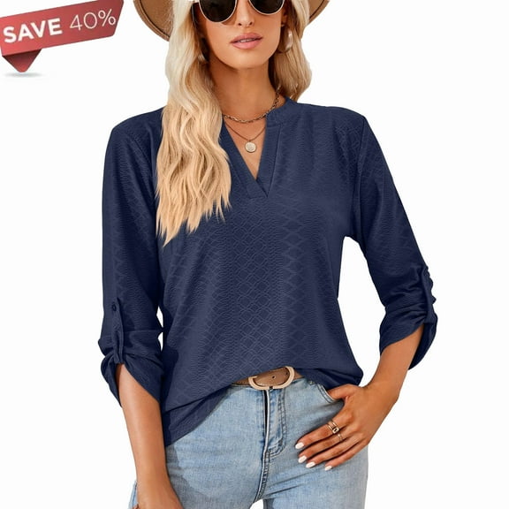 SHIBEVER Womens Tops Fall 3/4 Sleeve T Shirts Fahison V Neck Long Sleeve Tops Business Casual Tops Dressy Loose Fit Blouses Ladies Tunic Tops Navy Blue