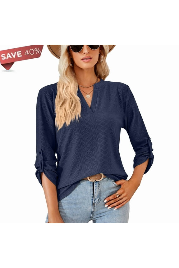 Womens Tops Fall 3/4 Sleeve T Shirts Fahison V Neck Long Sleeve Tops Business Casual Tops Dressy Loose Fit Blouses Ladies Tunic Tops Navy Blue