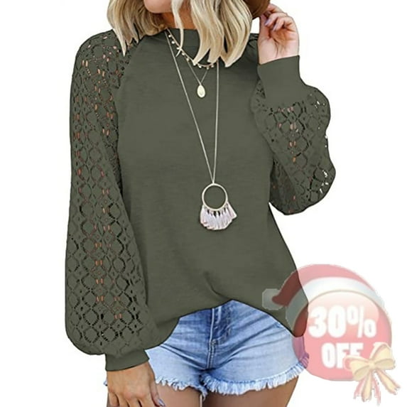 SHIBEVER Womens Tops Fall Lace Long Sleeve Tops Casual Crew Neck T Shirts Dressy Tunic Tops Cute Ladies Loose Blouses Tops Armygreen