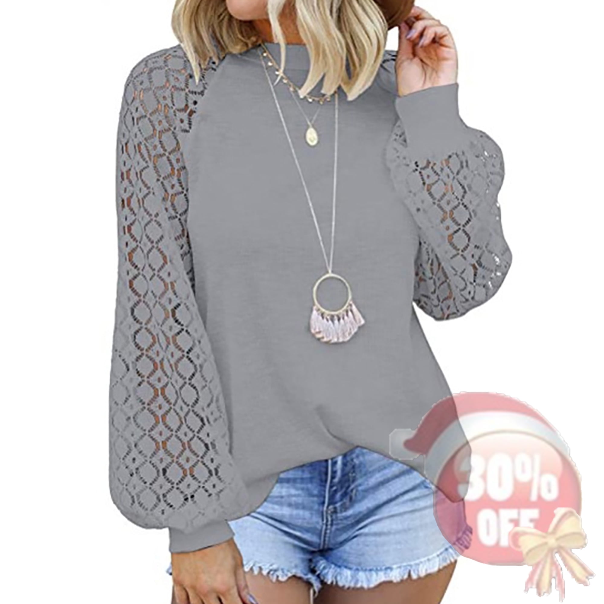 SHIBEVER Womens Tops Fall Lace Long Sleeve Tops Casual Crewneck T ...