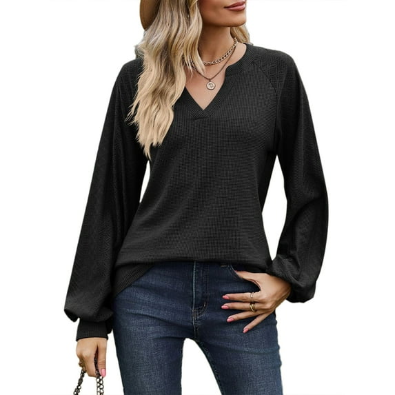 SHIBEVER Womens Tops Fall Long Sleeve Shirts Fashion Clothes Casual V Neck Blouses Dressy Ladies Tunics Winter Loose Fit T-shirts Tops Blouses