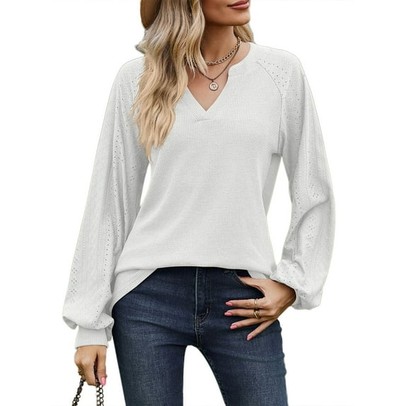 SHIBEVER Womens Tops Fall Long Sleeve Shirts Fashion Clothes Casual V Neck Blouses Dressy Ladies Tunics Winter Loose Fit T-shirts Tops Blouses