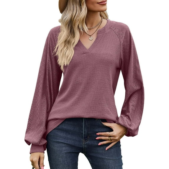 SHIBEVER Womens Tops Fall Long Sleeve Shirts Fashion Clothes Casual V Neck Blouses Dressy Ladies Tunics Winter Loose Fit T-shirts Tops Blouses