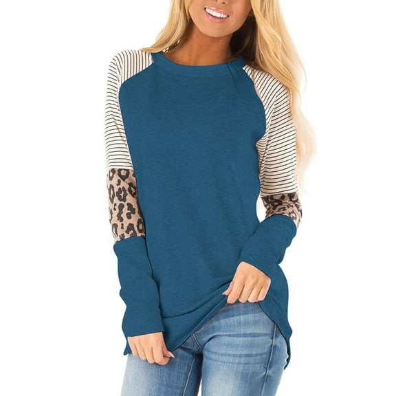 SHIBEVER Womens Tops Long Sleeve Round Neck T-Shirts for Women Fall Fashion Leopard Print Tops Casual Workout Loose Tunics Tops Blue Blouses Size S