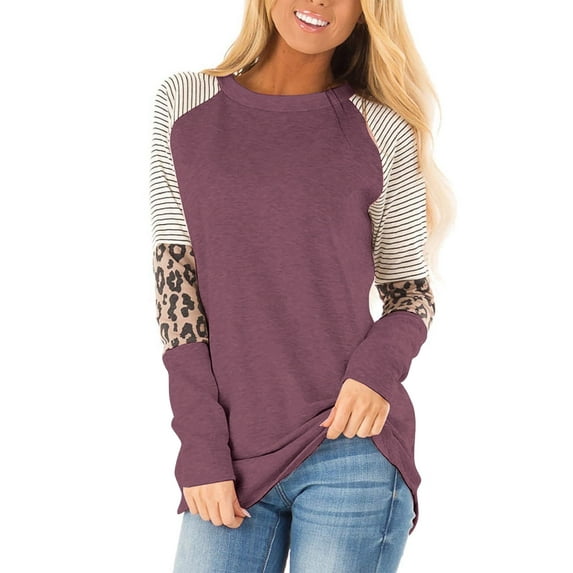 SHIBEVER Womens Tops Long Sleeve Round Neck T-Shirts for Women Fall Fashion Leopard Print Tops Casual Workout Loose Tunics Tops Purple Blouses Size L