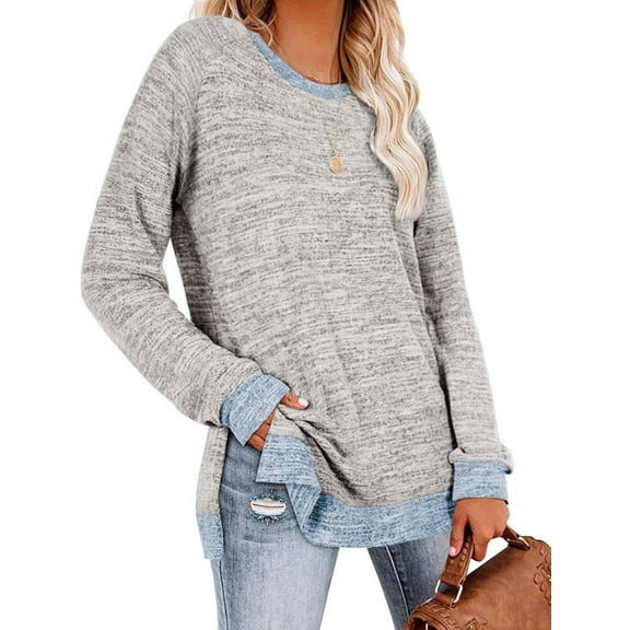 SHIBEVER Womens Tops Long Sleeve Shirts Fall tops Fashion Loose Tunic Tops Trendy Side Split Pullover Color Block Crewneck Sweatshirts Blouse Light Gray
