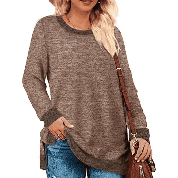 SHIBEVER Womens Tops Long Sleeve T Shirts Fall Fashion Loose Tunic Tops Trendy Side Split Pullover Color Block Crewneck Sweatshirts Blouse Coffee